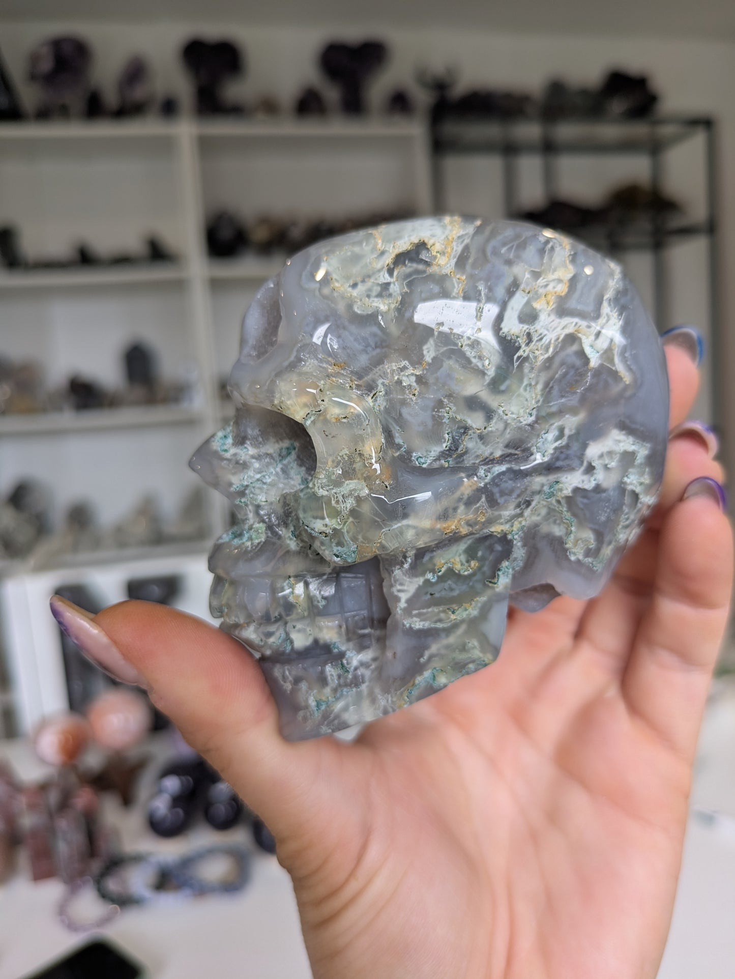 Druzy moss agate skull 💀