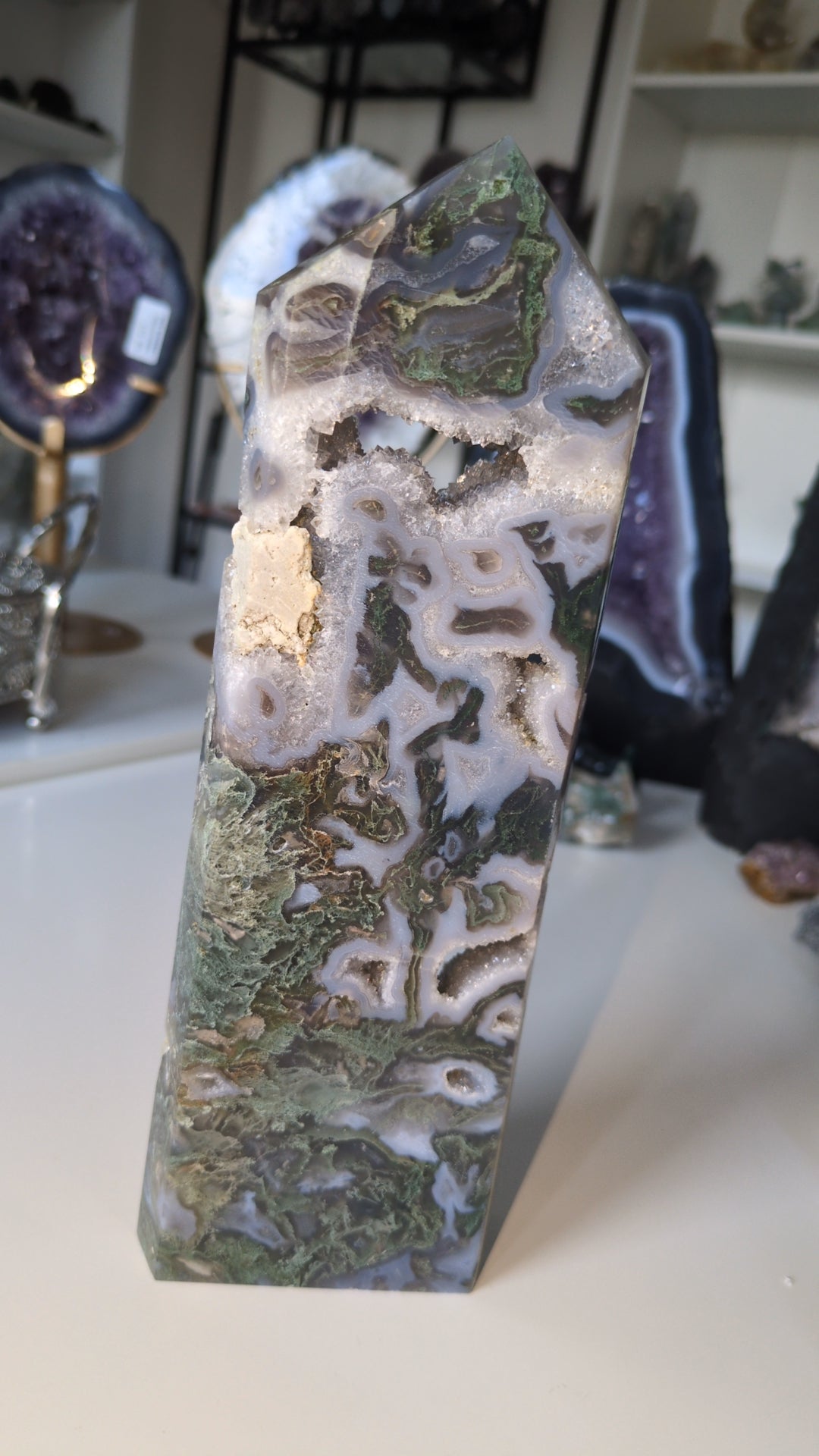 Large druzy moss agate tower ✨