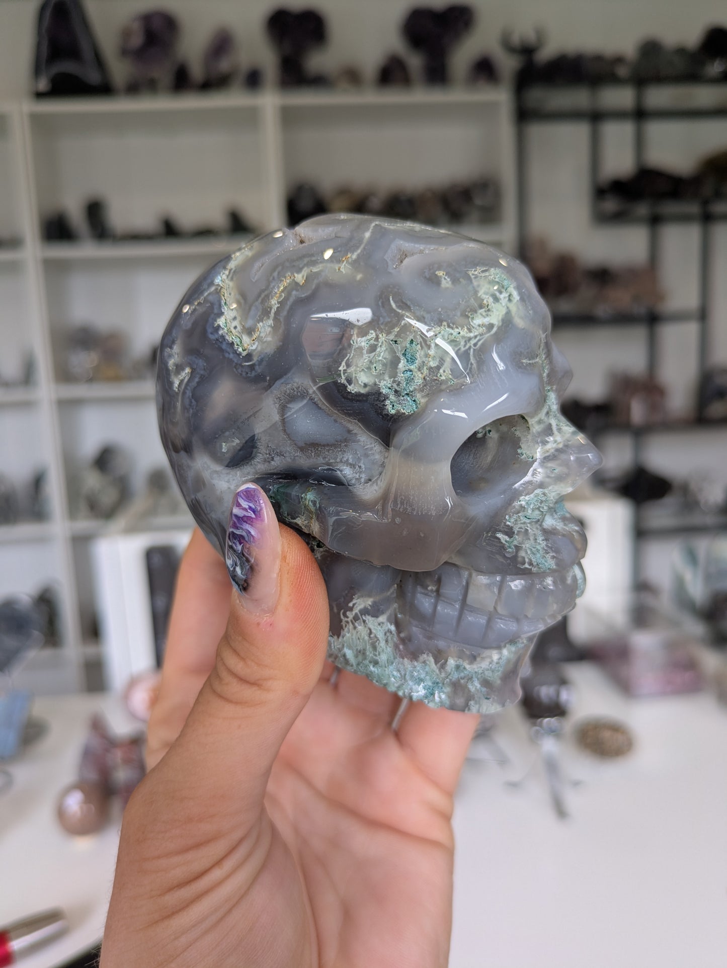 Druzy moss agate skull 💀