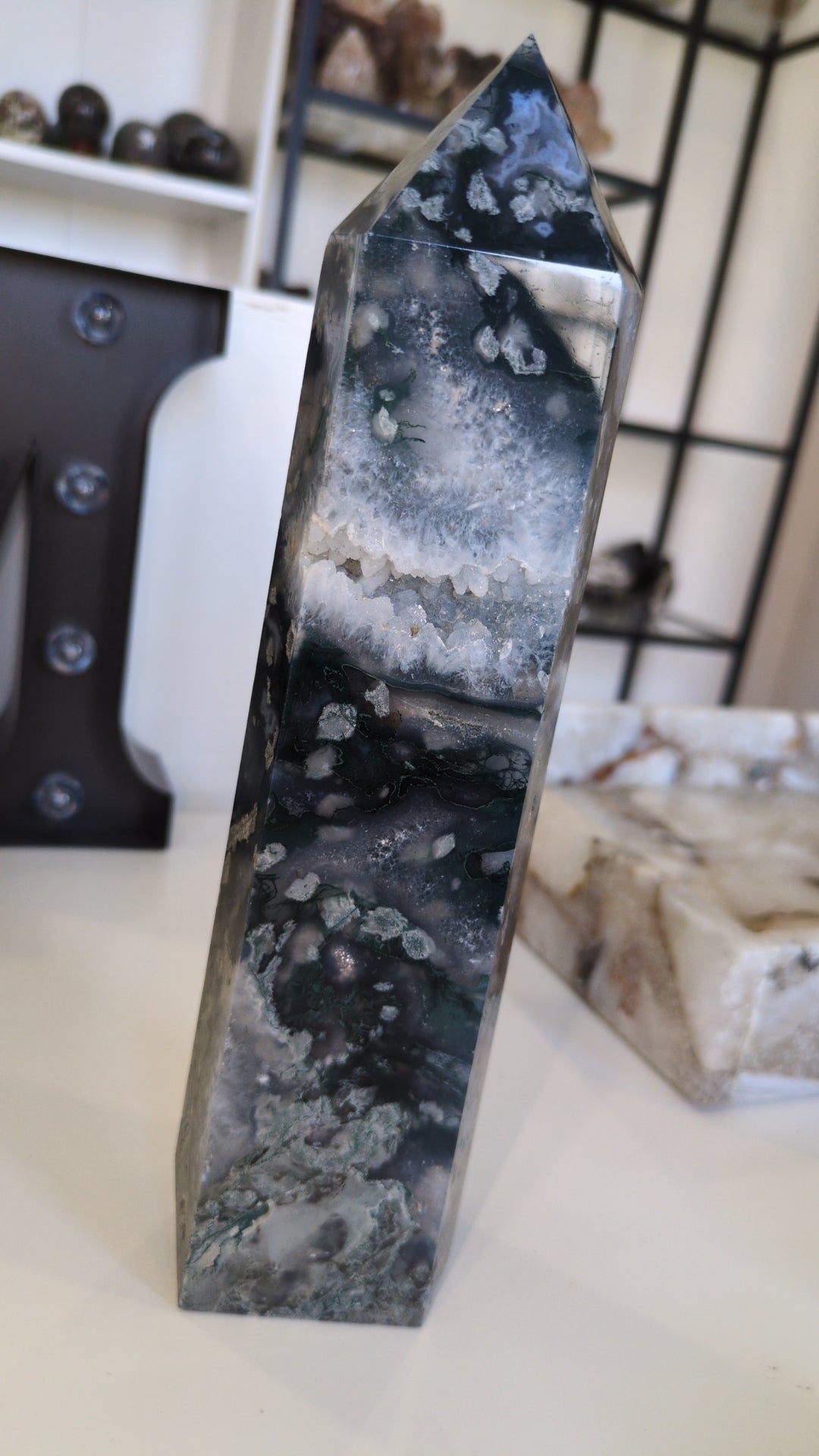 Large dark moss agate tower ✨