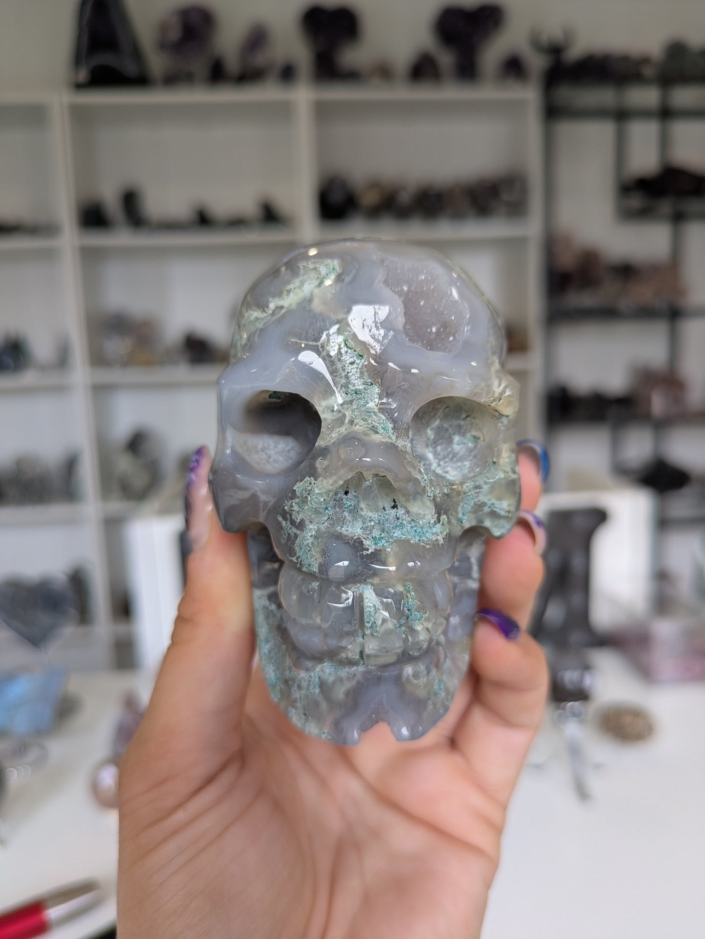 Druzy moss agate skull 💀