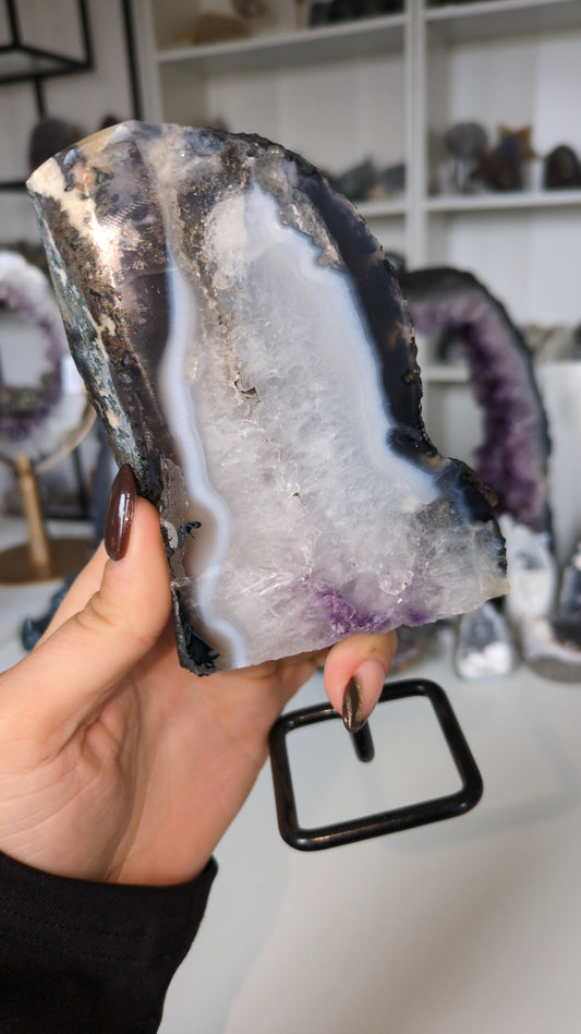 Agate and amethyst slab on stand (X)