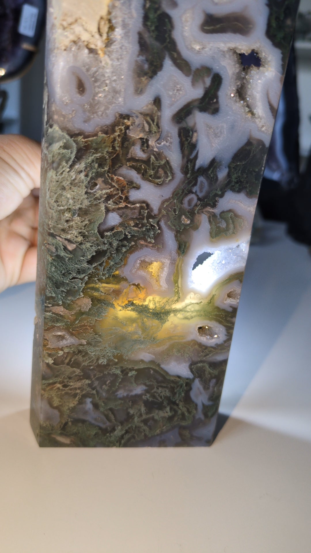 Large druzy moss agate tower ✨